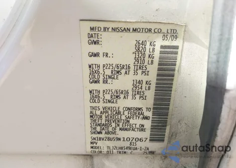 2009 Nissan Quest 3.5 S z USA, uszkodzony, nr VIN 5N1BV28U59N107067